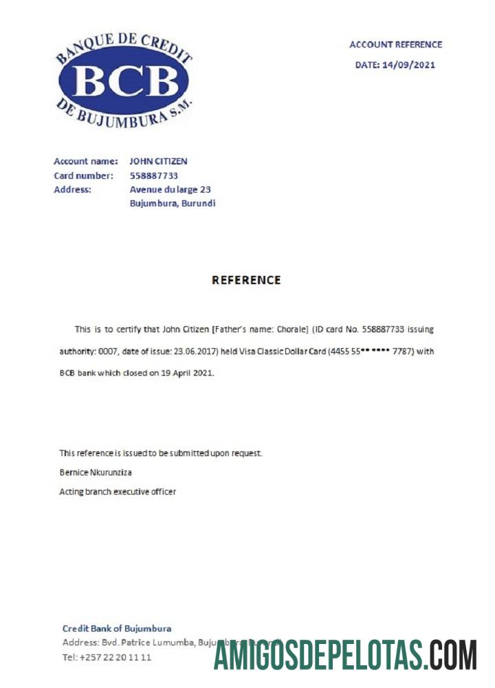 Referência de encerramento do Creditbank do Burundi exemplo real